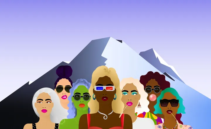 Women & Climate: illustration of women artists in front of a snowy mountain