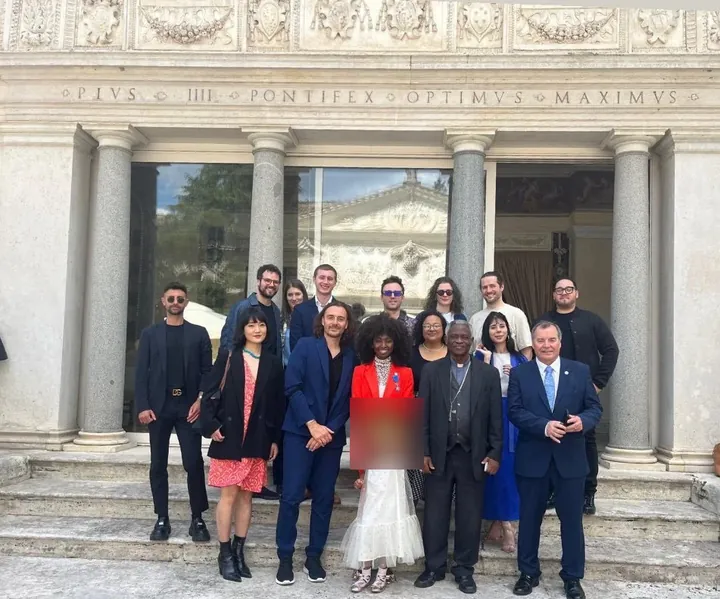 Group photo on the steps of the Pontifical Academy of Sciences, Vatican, with Cardinal Peter Turkson and Inna Modja, 9 May 2024